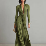 Vestido Maxi de Seda Verde Oliva com Decote em V