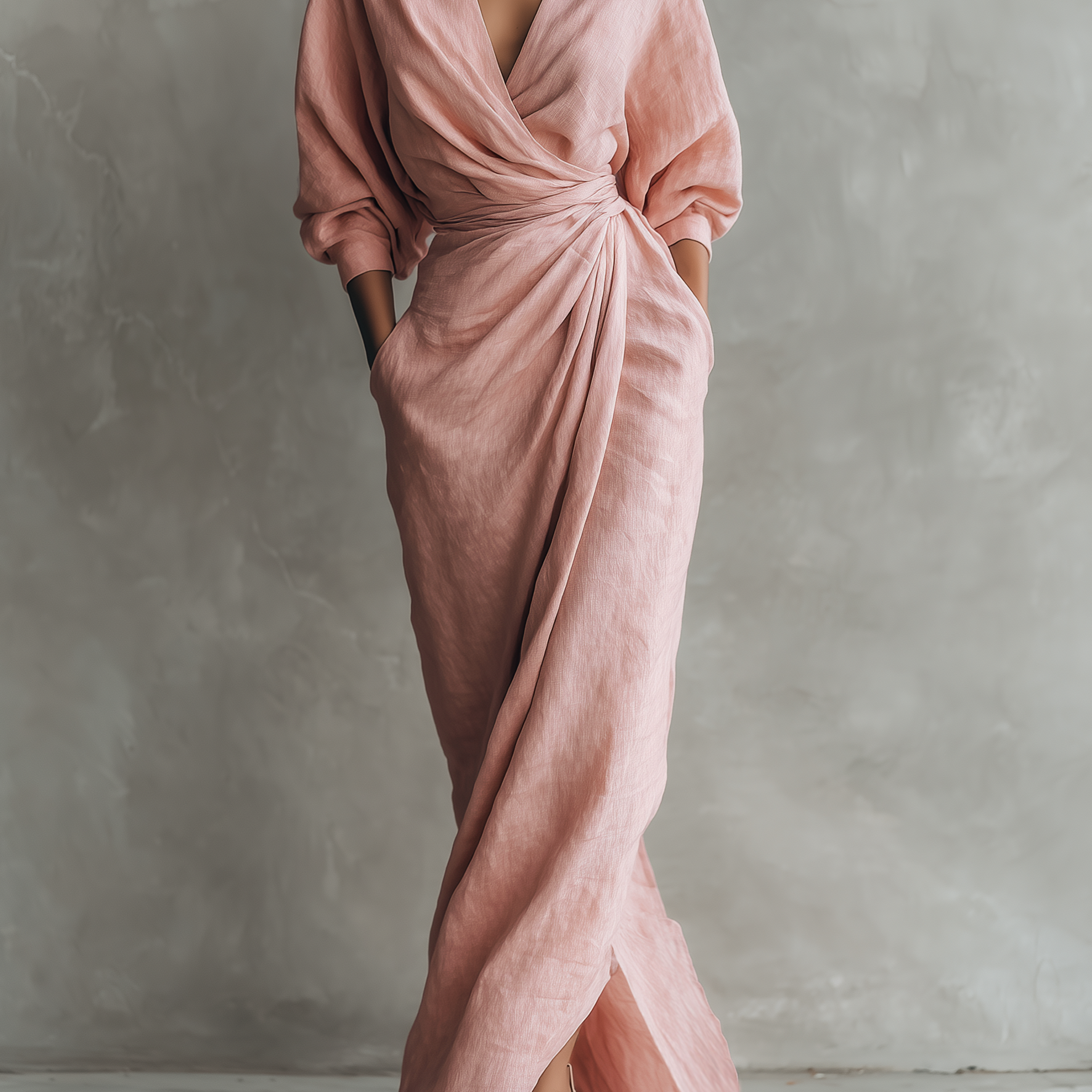 Vestido Maxi de Linho Rosa com Decote em V