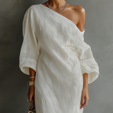 Vestido de Linho Cor de Marfim com Ombro a Descoberto