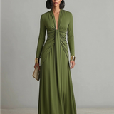Vestido Maxi de Seda Verde Oliva com Decote em V