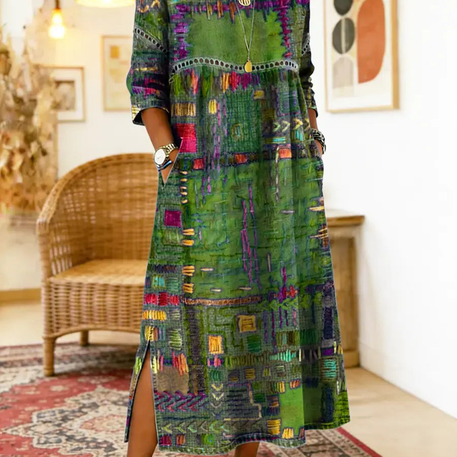 Manuela | Vestido Denim com Patchwork Étnico