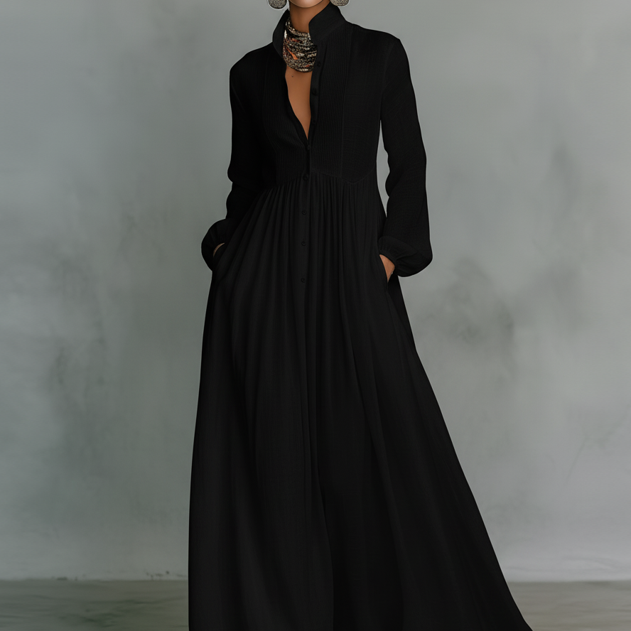 Vestido Maxi de Linho Patchwork com Gola Mao