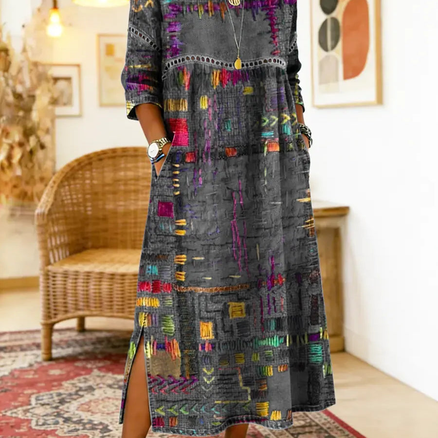 Manuela | Vestido Denim com Patchwork Étnico