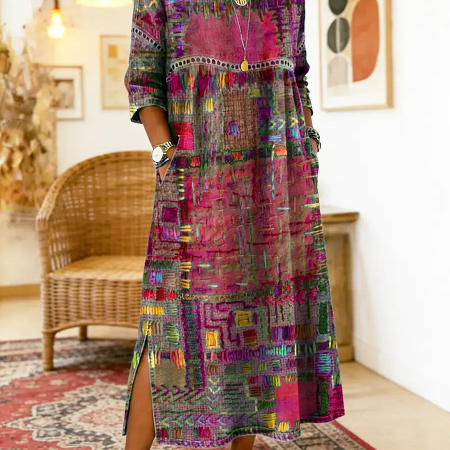 Manuela | Vestido Denim com Patchwork Étnico
