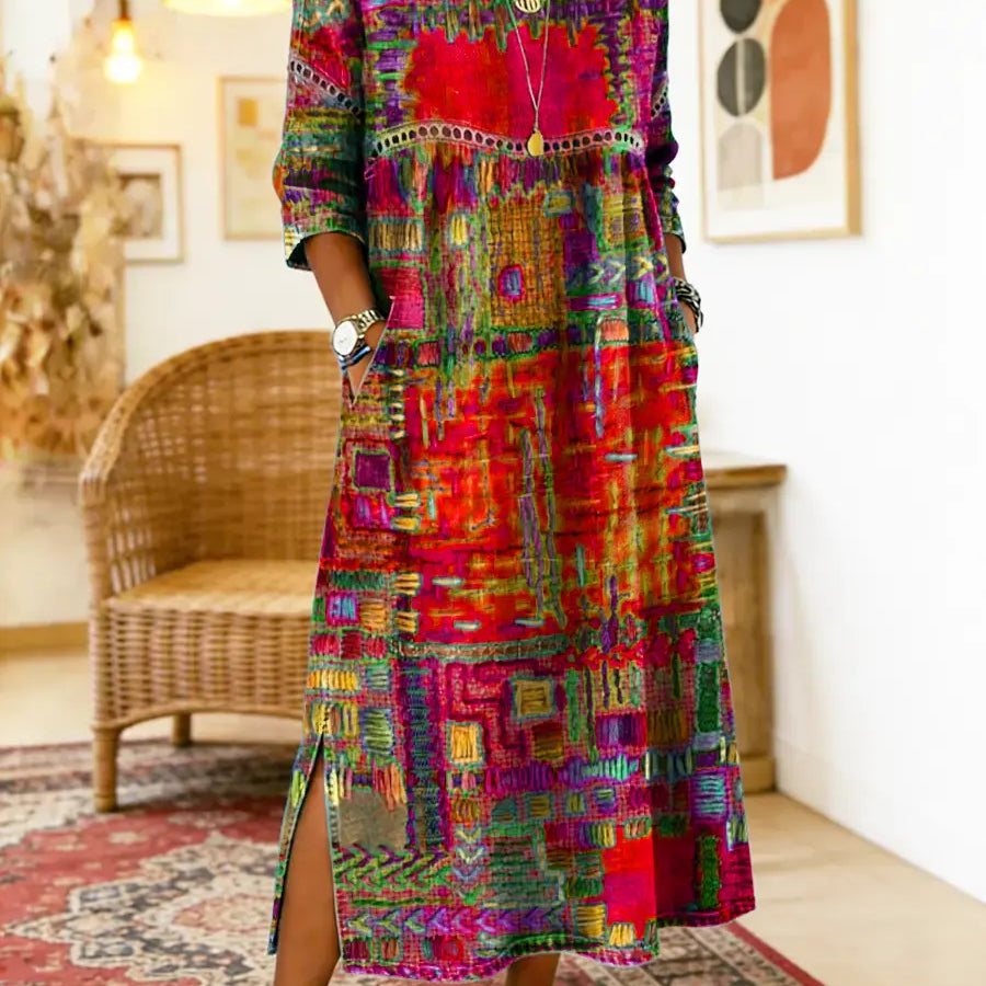 Manuela | Vestido Denim com Patchwork Étnico