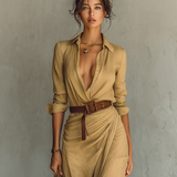 Vestido Maxi com Colarinho de Lapela e Mangas Compridas