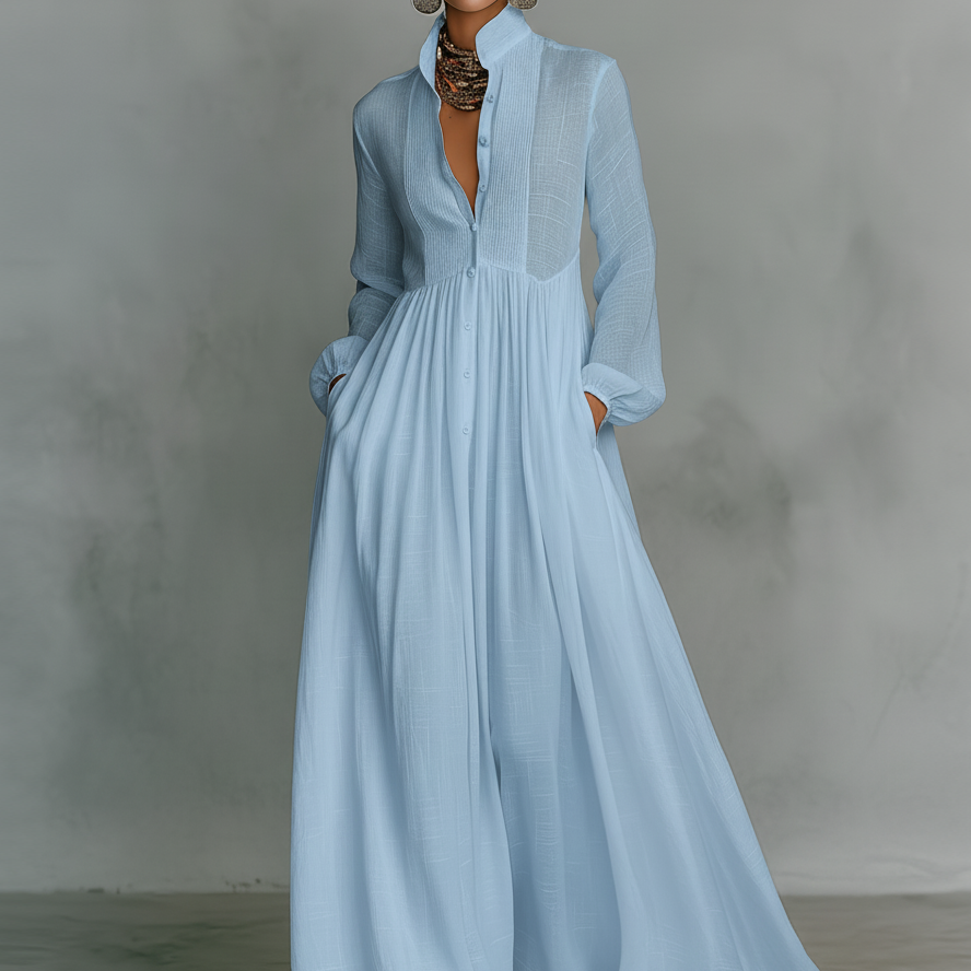 Vestido Maxi de Linho Patchwork com Gola Mao