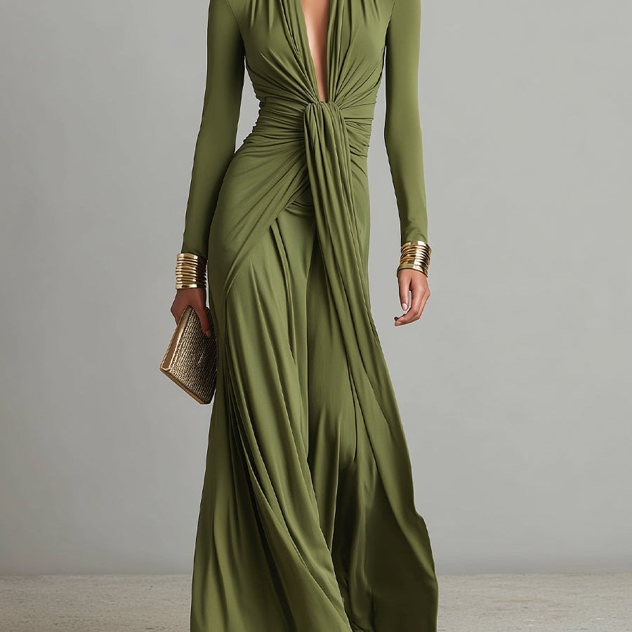 Vestido Maxi de Seda Verde Oliva com Decote em V