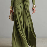 Vestido Maxi de Seda Verde Oliva com Decote em V