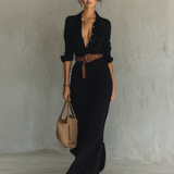 Vestido Maxi com Colarinho de Lapela e Mangas Compridas