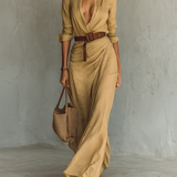 Vestido Maxi com Colarinho de Lapela e Mangas Compridas