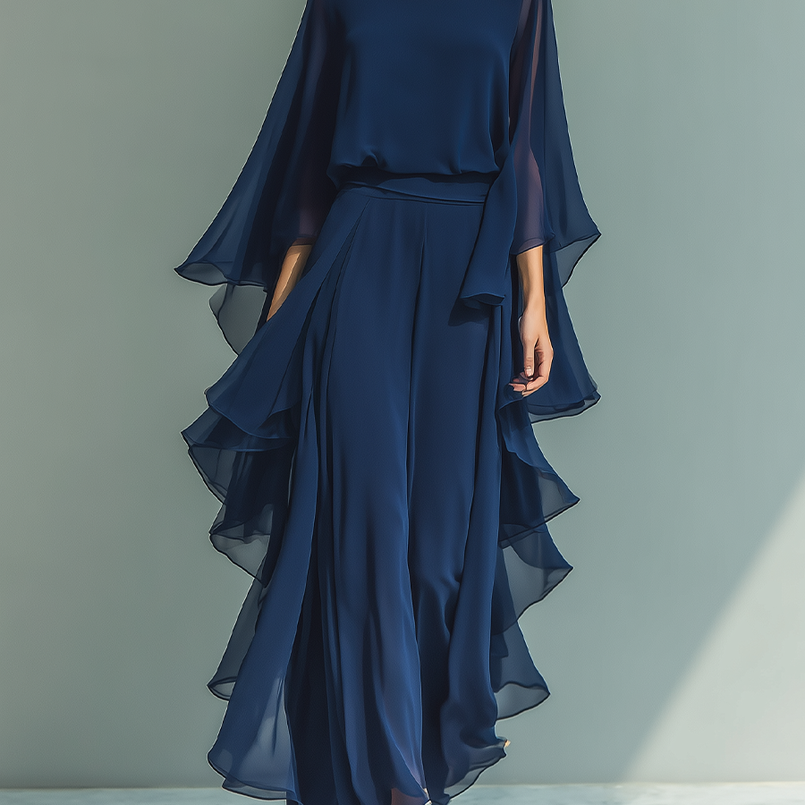 Conjunto de Chiffon Azul Marinho com Folhos