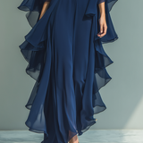 Conjunto de Chiffon Azul Marinho com Folhos