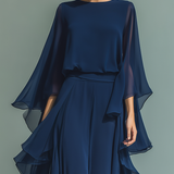 Conjunto de Chiffon Azul Marinho com Folhos