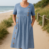 Francisca | Vestido Midi às Riscas – Conforto Sem Esforço