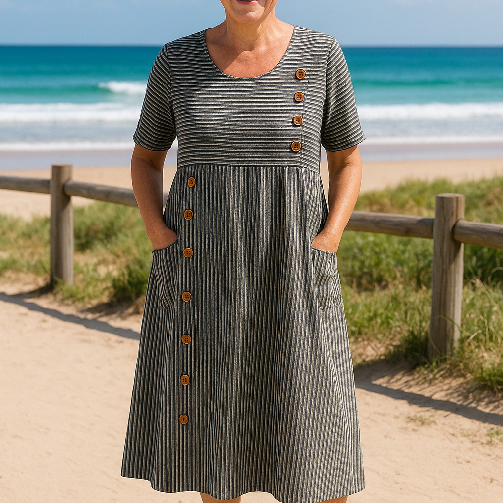 Francisca | Vestido Midi às Riscas – Conforto Sem Esforço