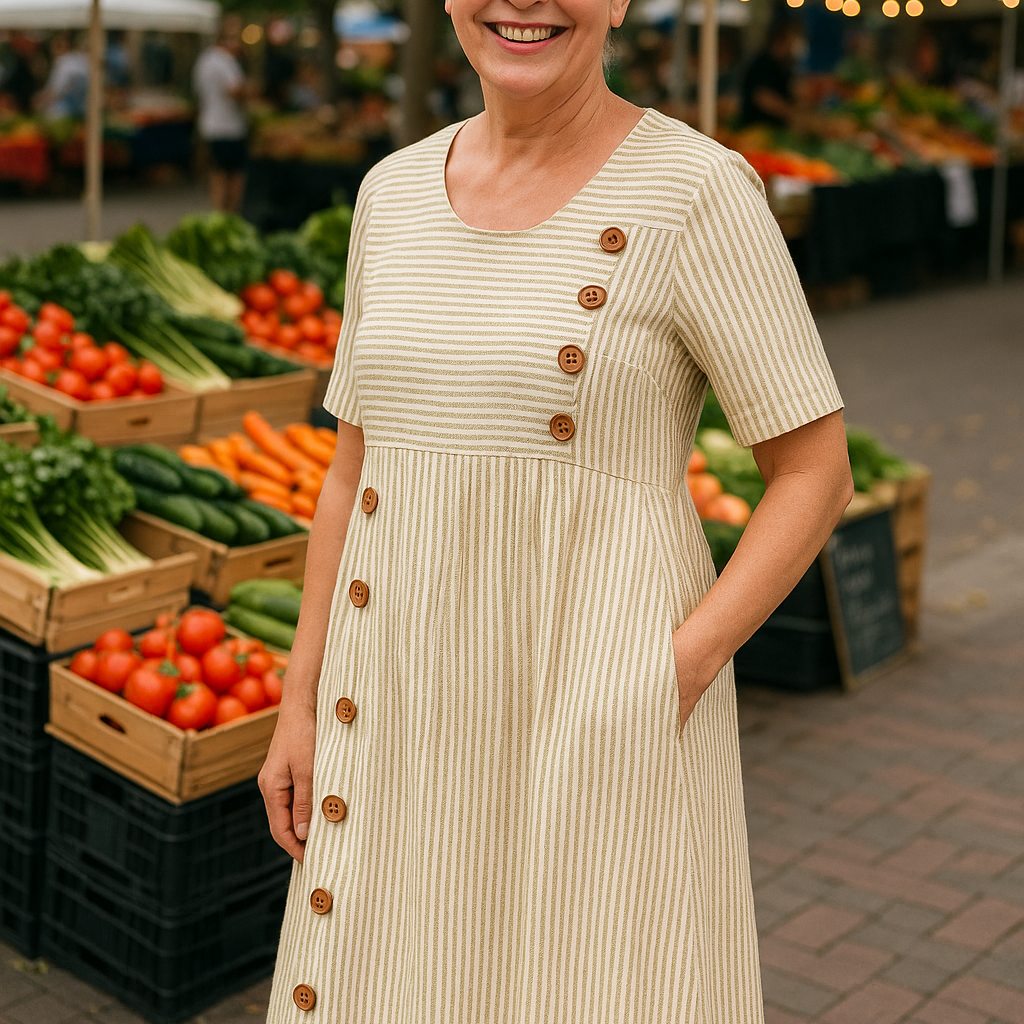 Francisca | Vestido Midi às Riscas – Conforto Sem Esforço