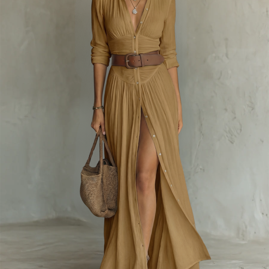 Vestido Maxi de Linho com Colarinho de Lapela e Mangas Compridas
