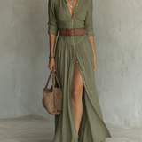 Vestido Maxi de Linho com Colarinho de Lapela e Mangas Compridas