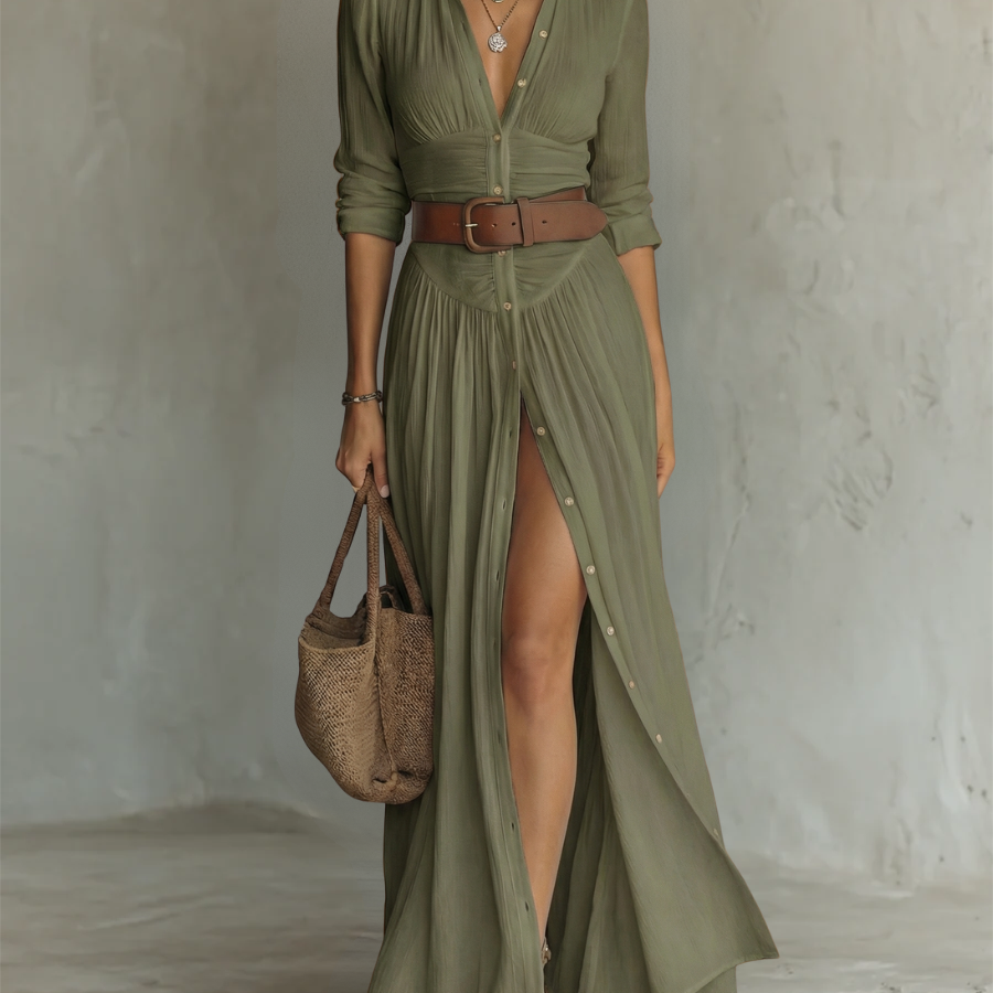 Vestido Maxi de Linho com Colarinho de Lapela e Mangas Compridas
