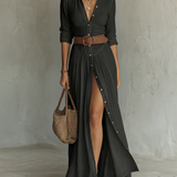 Vestido Maxi de Linho com Colarinho de Lapela e Mangas Compridas
