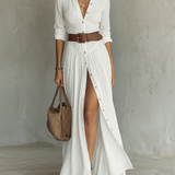 Vestido Maxi de Linho com Colarinho de Lapela e Mangas Compridas