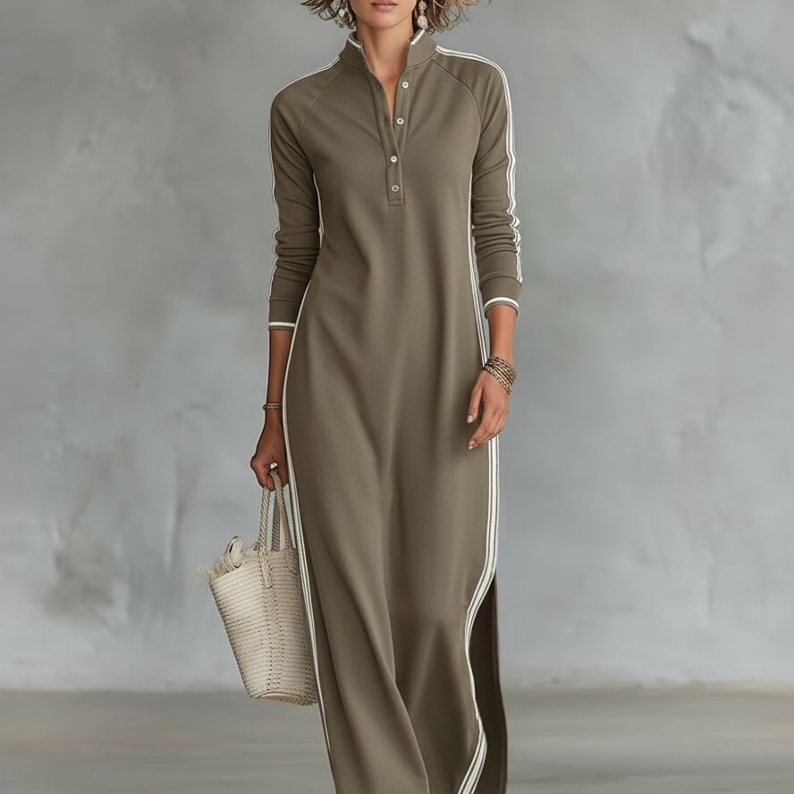 Vestido Maxi de Jersey com Gola de Botões
