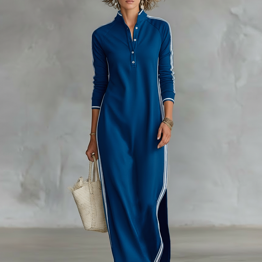 Vestido Maxi de Jersey com Gola de Botões