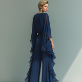 Conjunto de Chiffon Azul Marinho com Folhos