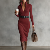 Vestido Midi de Malha com Decote em V Slim Fit
