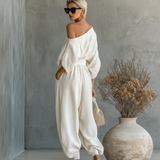 Conjunto de Linho Off-Shoulder com Calças