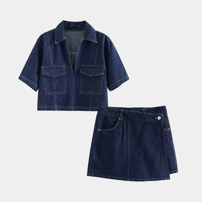 Conjunto de jeans com decote em V