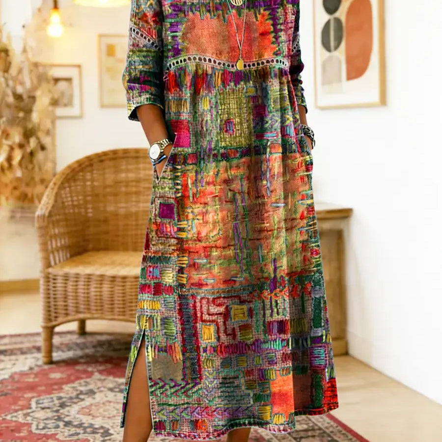 Manuela | Vestido Denim com Patchwork Étnico