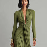 Vestido Maxi de Seda Verde Oliva com Decote em V