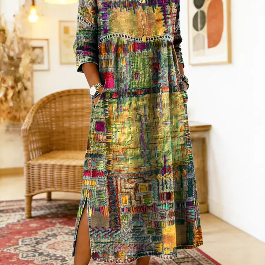 Manuela | Vestido Denim com Patchwork Étnico