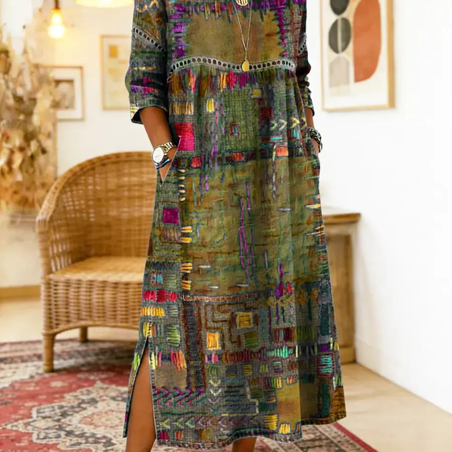 Manuela | Vestido Denim com Patchwork Étnico