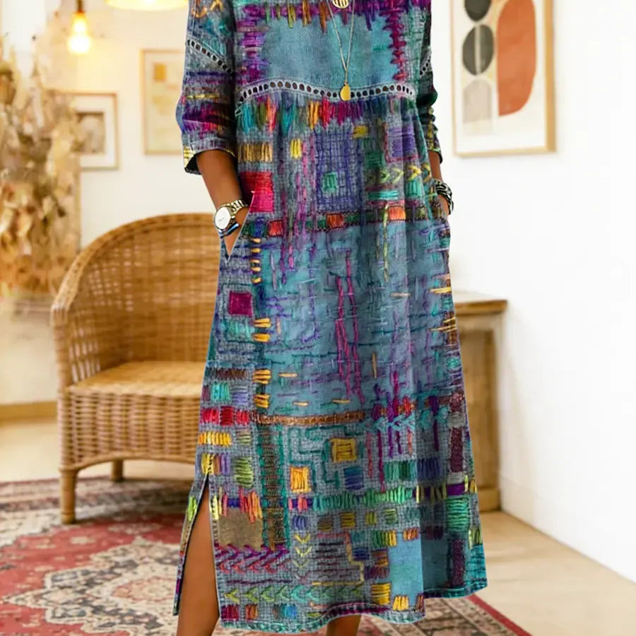 Manuela | Vestido Denim com Patchwork Étnico