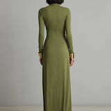 Vestido Maxi de Seda Verde Oliva com Decote em V