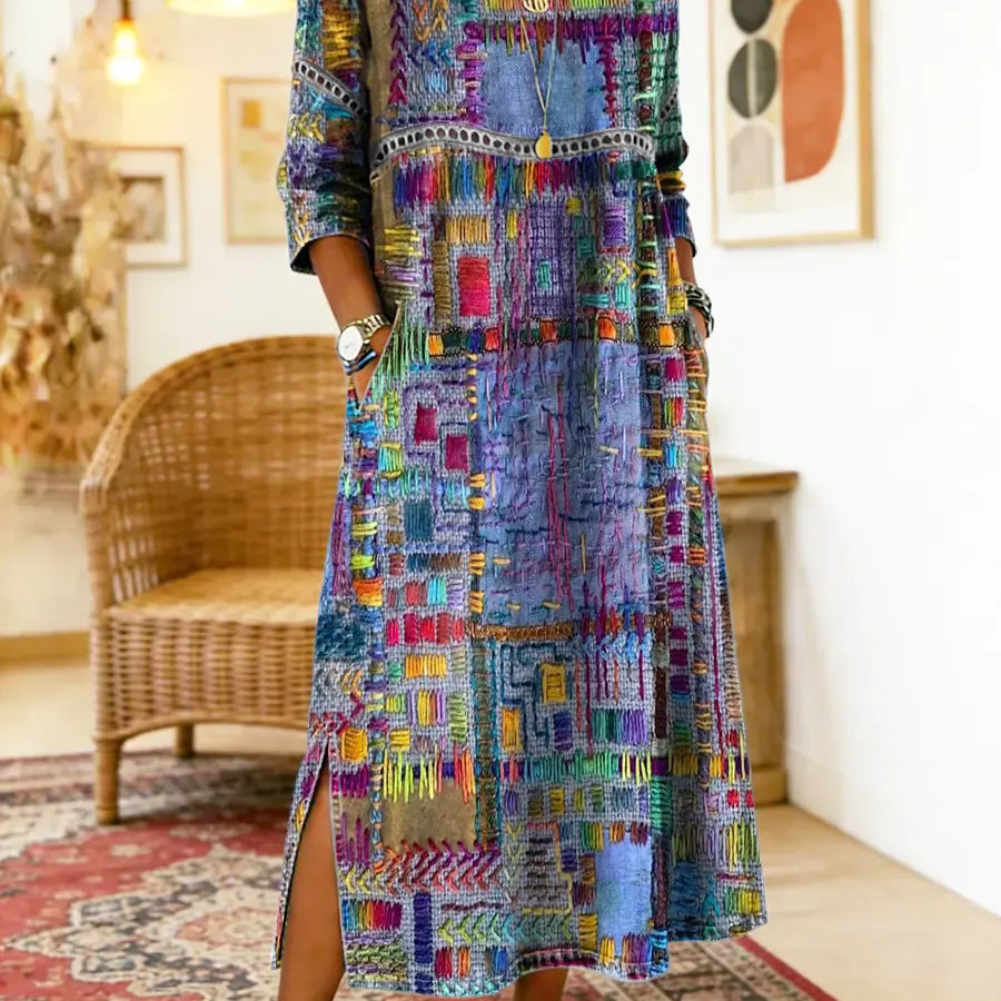 Manuela | Vestido Denim com Patchwork Étnico