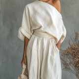 Conjunto de Linho Off-Shoulder com Calças