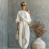 Conjunto de Linho Off-Shoulder com Calças