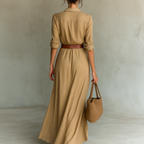 Vestido Maxi com Colarinho de Lapela e Mangas Compridas